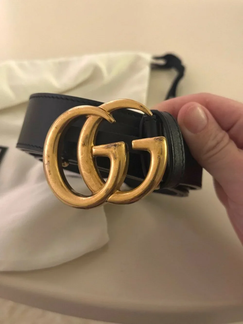 Gucci GG Marmont Double G Black Leather Belt Antique Gold Buckle Unisex